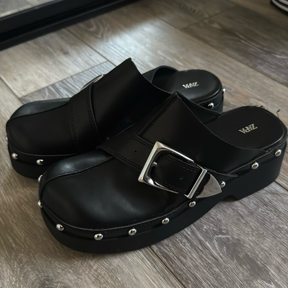 Zara Black Clogs with Metallic Buckle